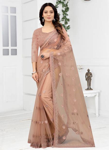 Brown Colour New Designer Stylish Party Wear Net Fancy Saree Collection 5735